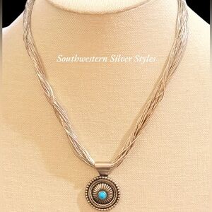 Vintage Navajo Running Bear Liquid Sterling Silver Turquoise Pendant Necklace